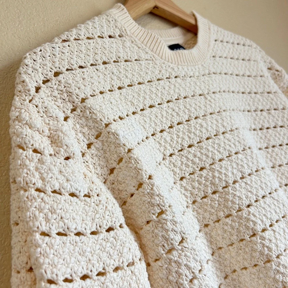 Gap Size XS Cream Cotton Crochet Pointelle Open Knit Sweater‎ Cottage Fisherman